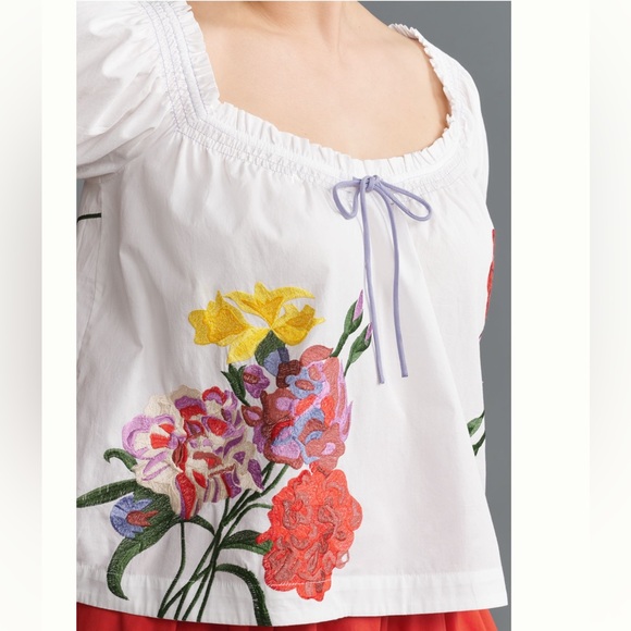 Nwt puffed sleeve tie front embroidered blouse anthro - Picture 7 of 10